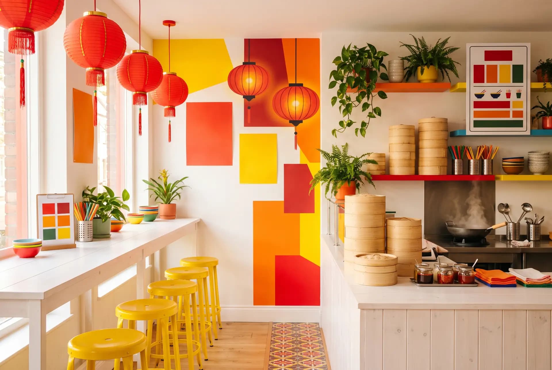 Salle de cantine colorée avec lanternes rouges, tabourets jaunes et paniers vapeur