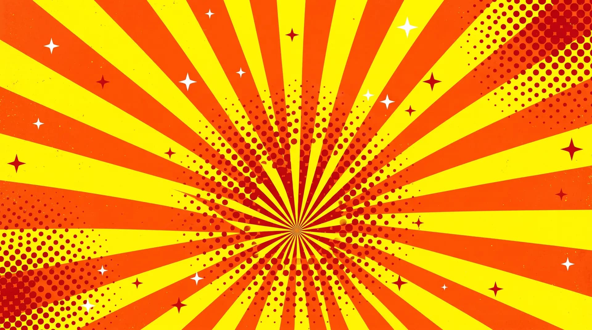 Fond graphique en rayons de soleil jaunes et orange avec étoiles et points rouges
