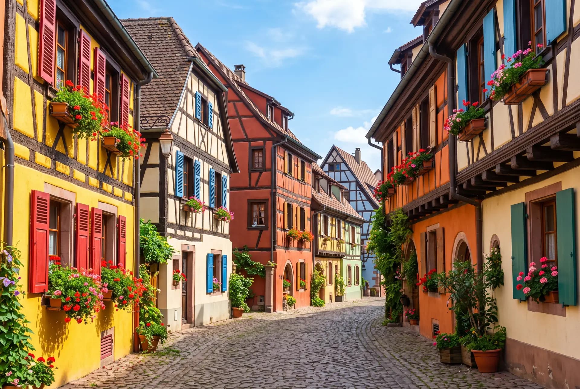 Maisons à colombages colorées et géraniums dans une ruelle de Molsheim
